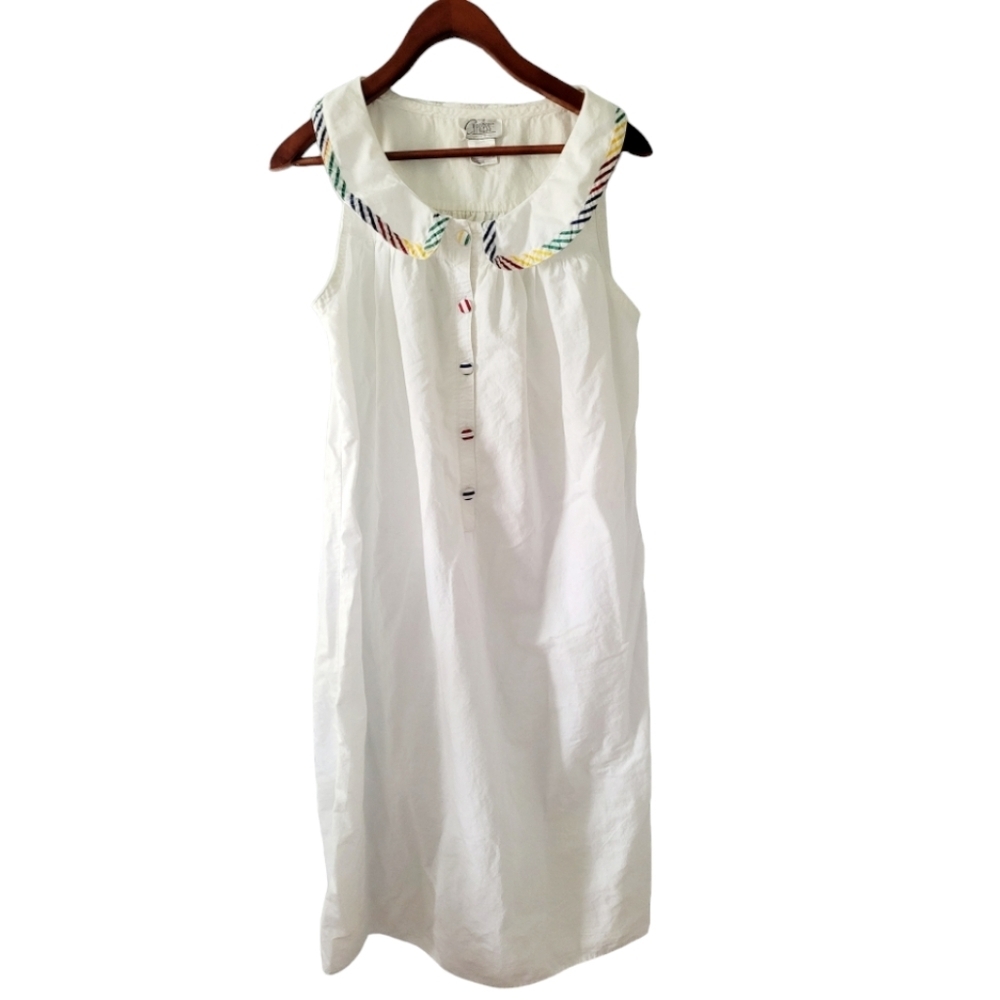 Cypress Vintage House Dress White with Rainbow Stripe Egyptian Cotton Size Small